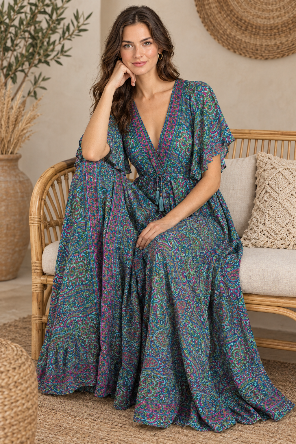 Boho Maxikleid Petrol Türkis – Sitzbild