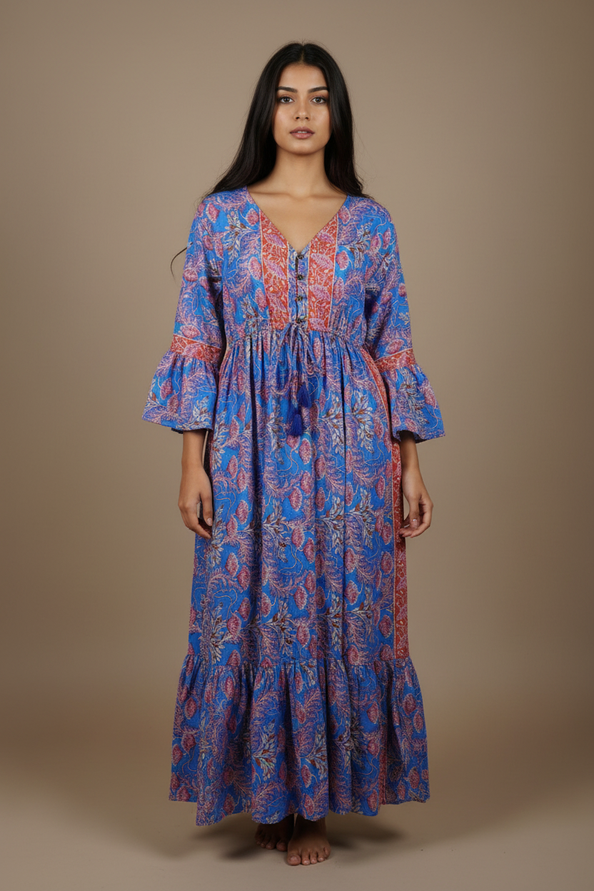 Boho Maxi Kleid Blau Pink Blockprint – Studio Hauptbild