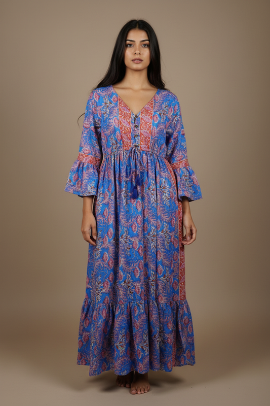 Boho Maxi Kleid Blau Pink Blockprint – Studio Hauptbild