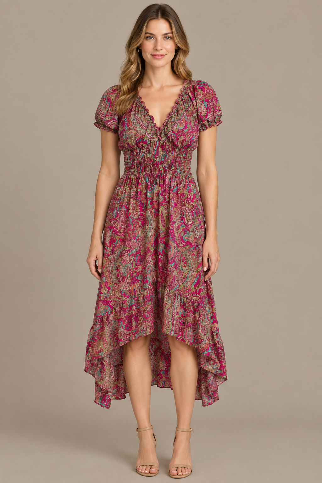 Boho Kleid in Bordeaux und Pink – Vorderansicht im Studio