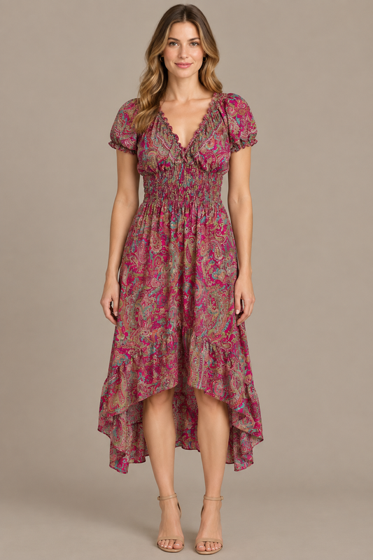 Boho Kleid in Bordeaux und Pink – Vorderansicht im Studio