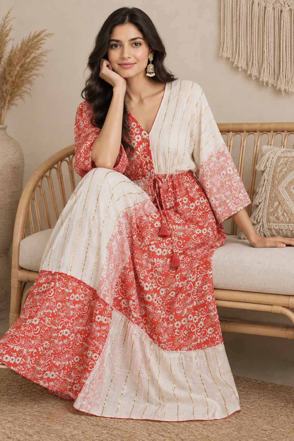 Boho Maxikleid Korallrot Rosa Creme – Sitzbild