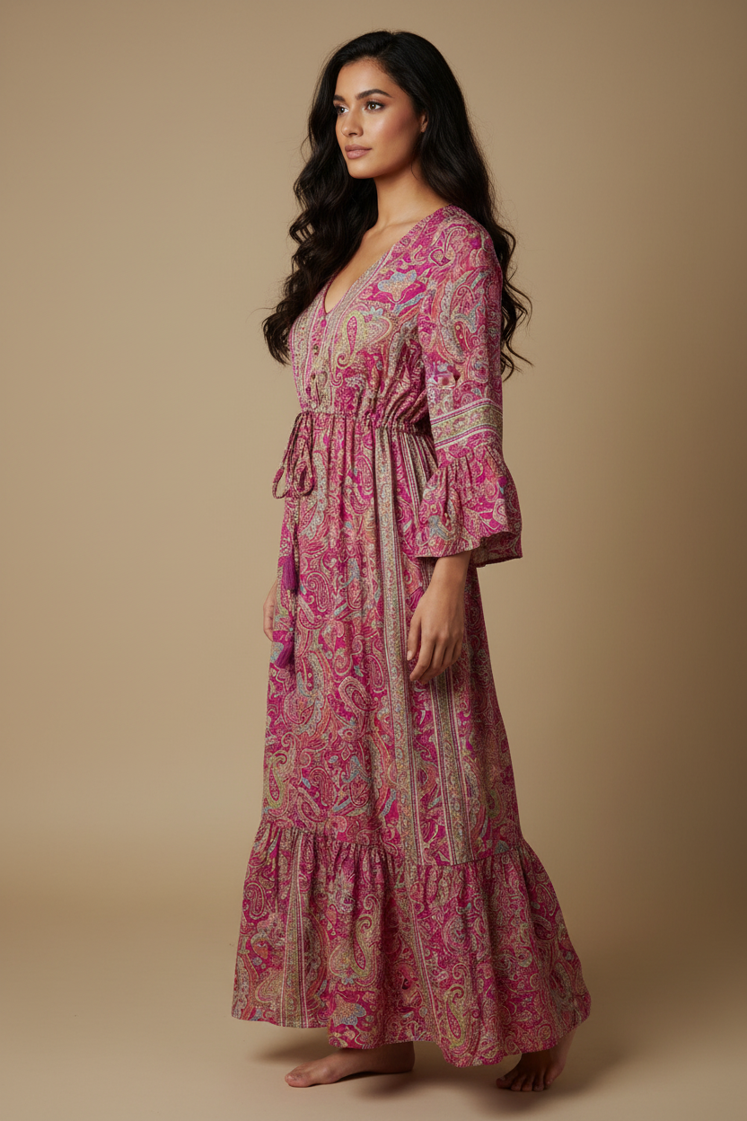 Boho Maxi Kleid Pink Paisley – Seitenansicht