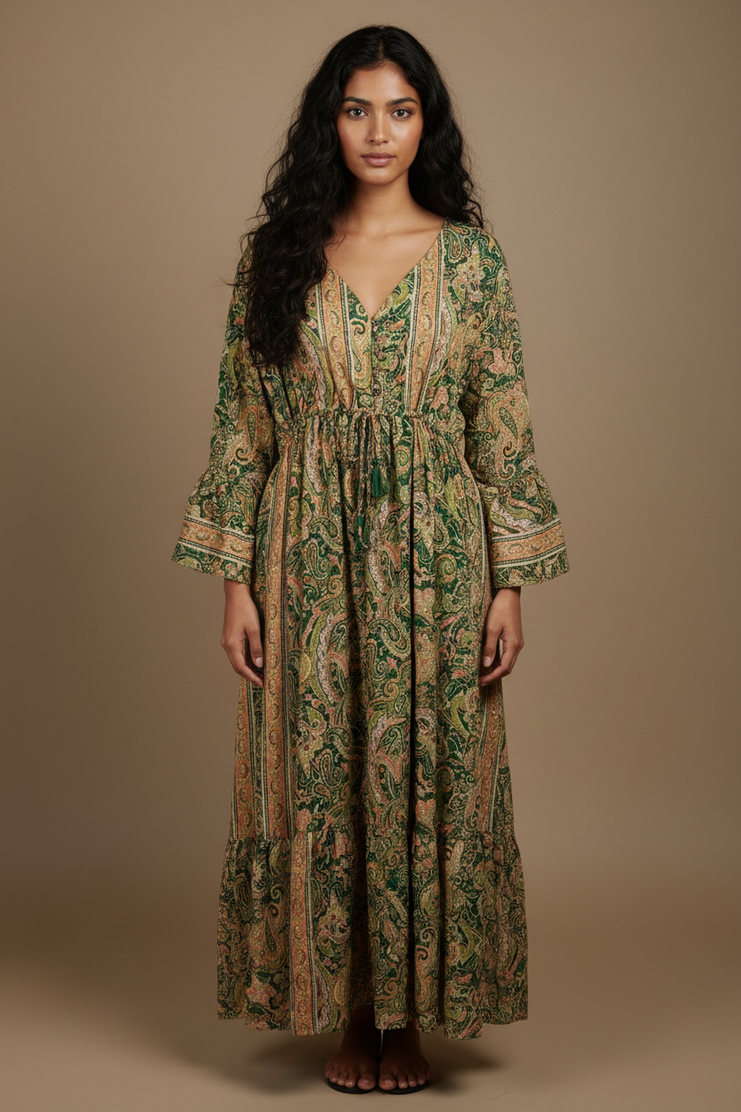 Boho Maxi Kleid Waldgrün Gold Baroque Paisley – Studio Hauptbild