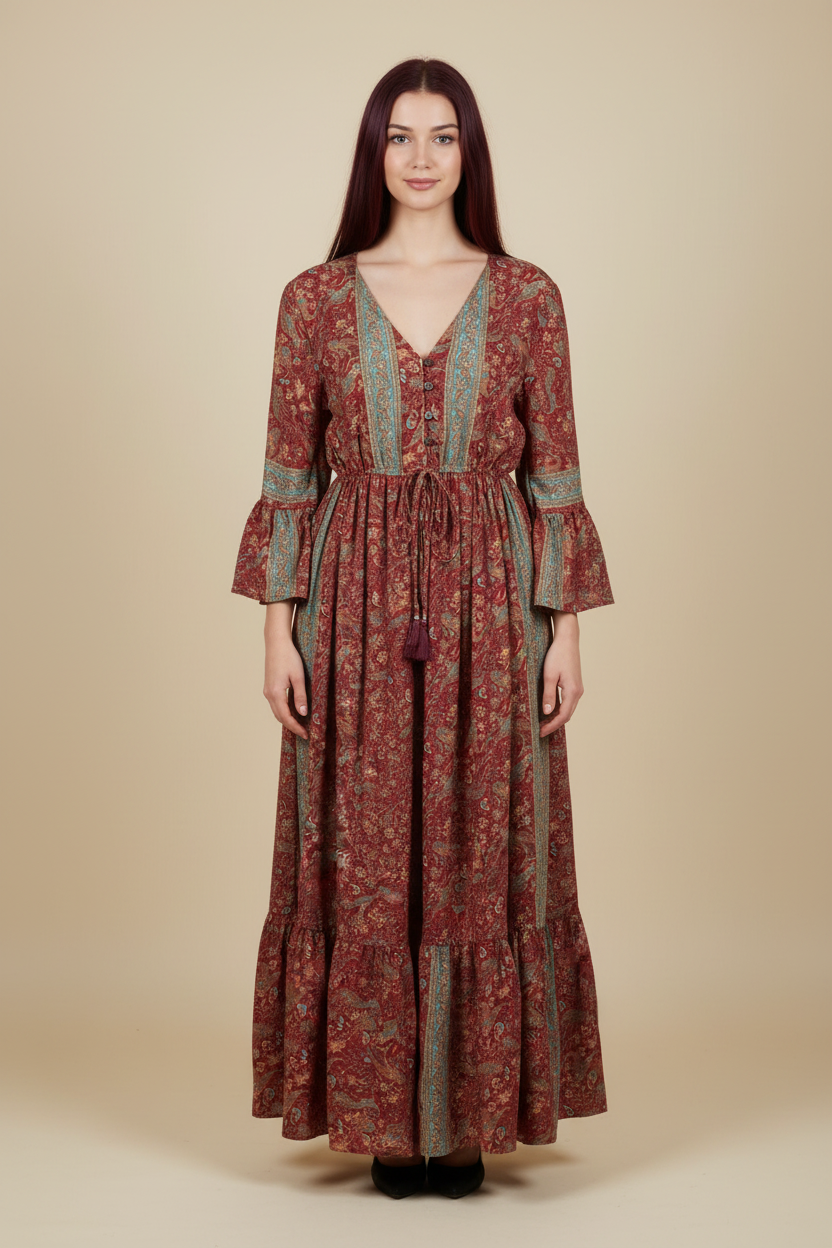 Boho Maxi Kleid Bordeaux – Hauptbild #D9D4CC