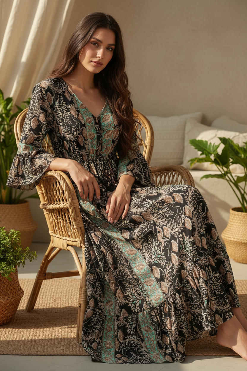 Boho Maxi Kleid Schwarz Mint Blockprint – Sitzbild