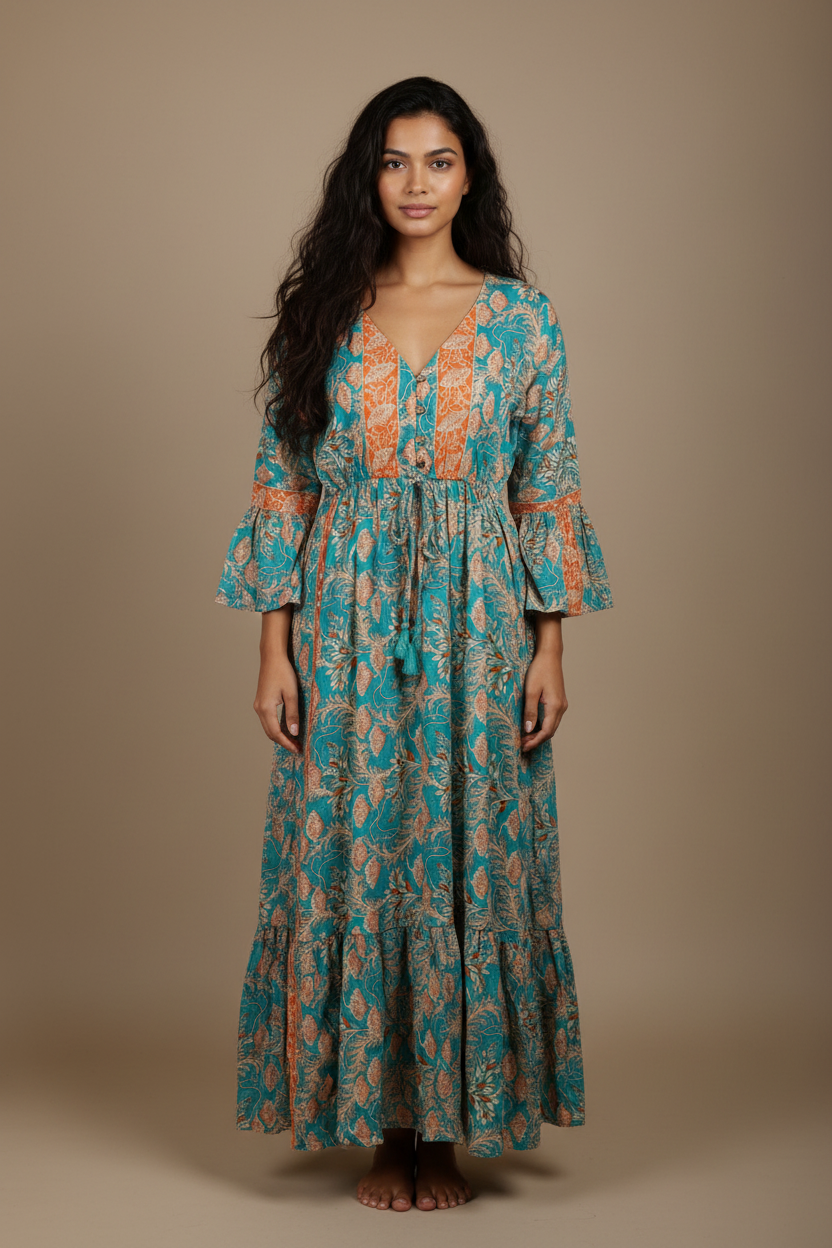 Boho Maxi Kleid Türkis Orange Blockprint – Studio Hauptbild