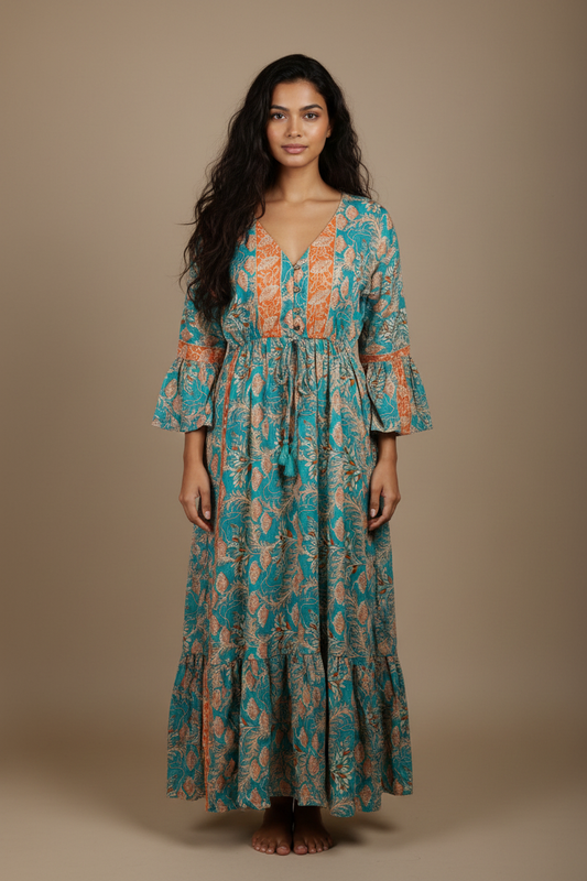Boho Maxi Kleid Türkis Orange Blockprint – Studio Hauptbild