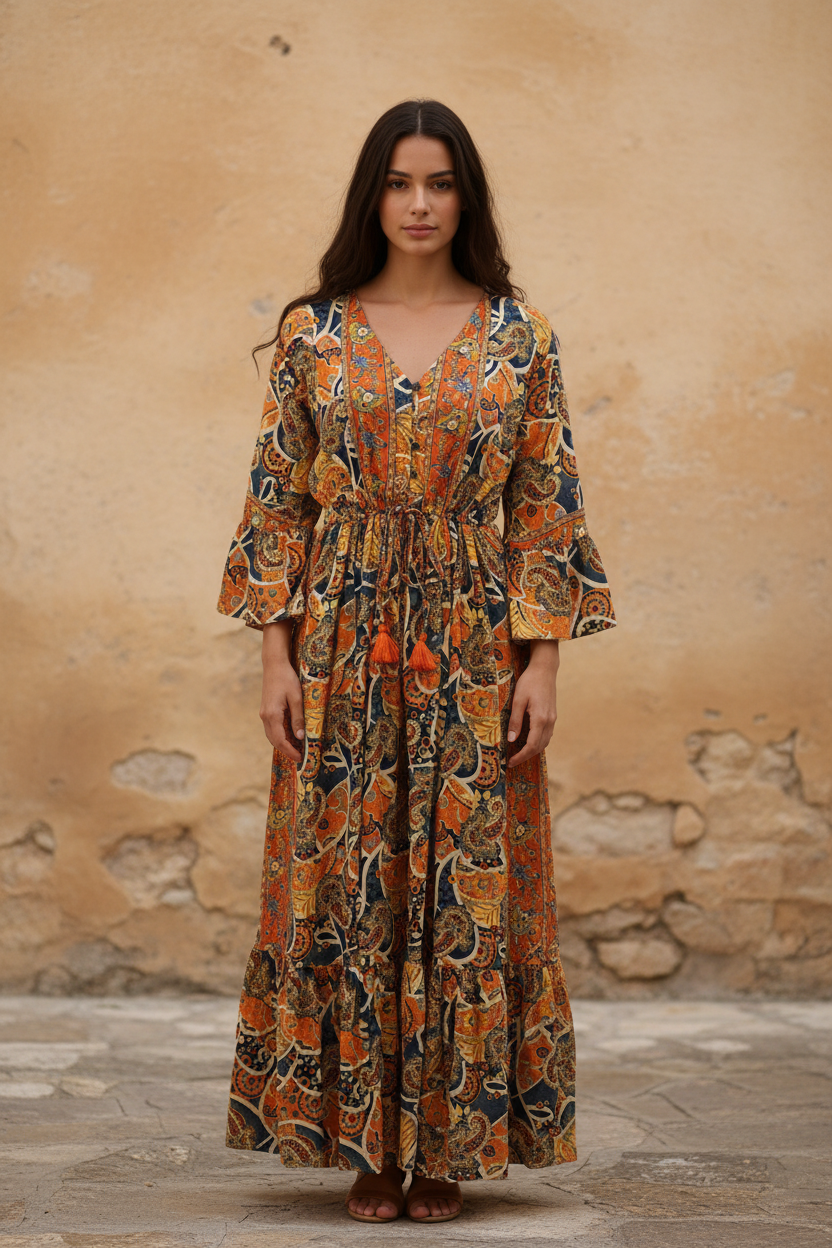 Boho Maxi Kleid Orange Navy Paisley – Steinwand