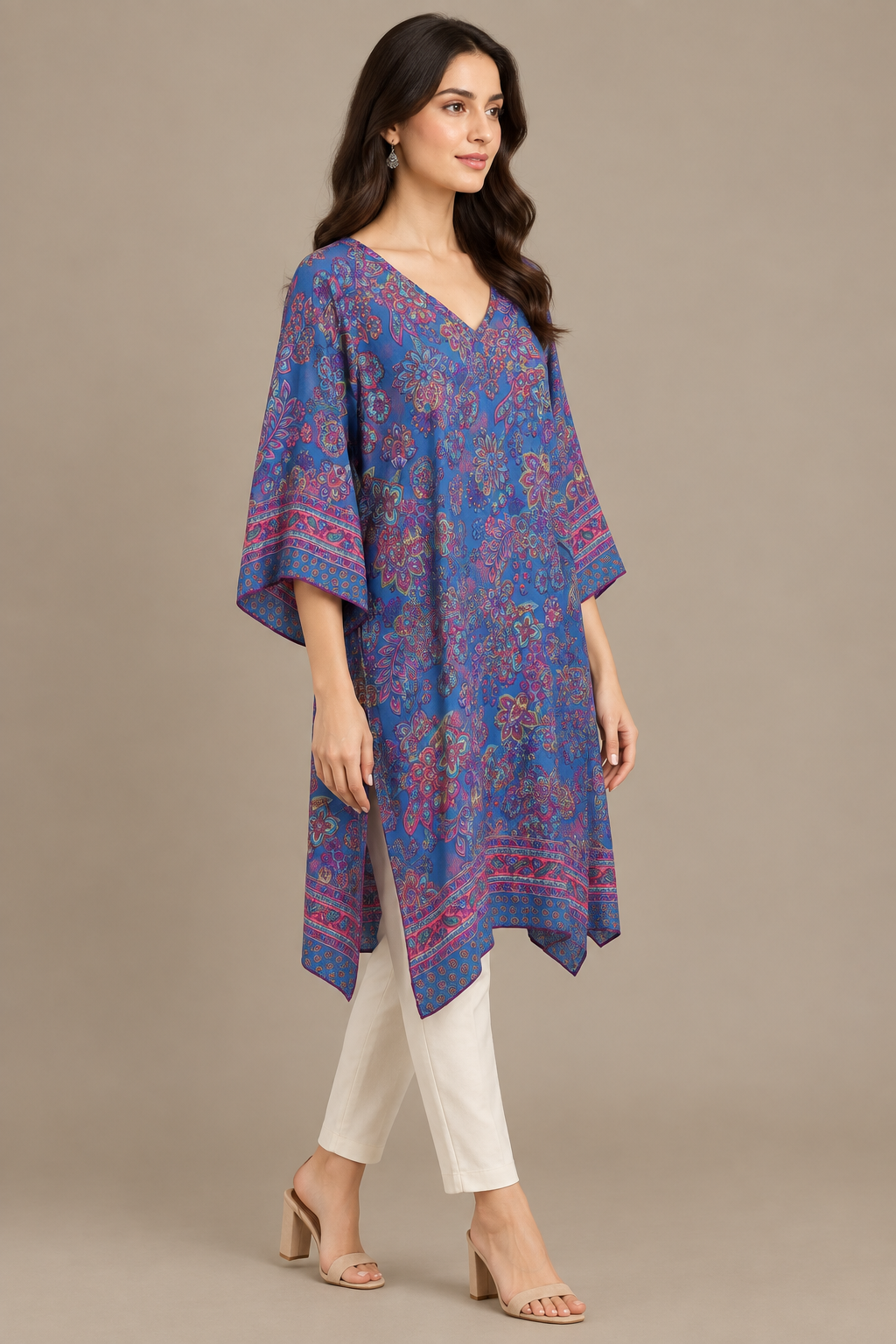 Boho Tunika Taubenblau und Pink – Seitenansicht