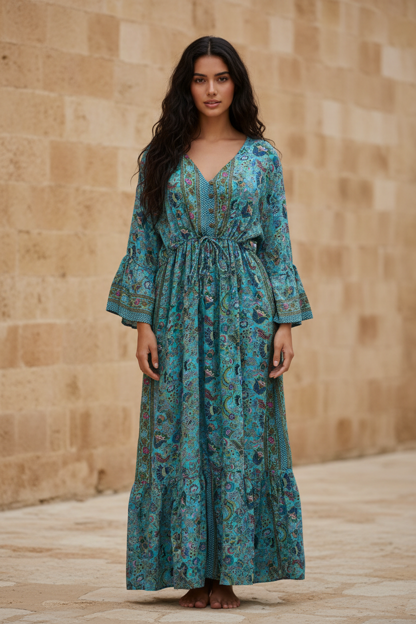 Boho Maxi Kleid Türkis Paisley – Steinwand