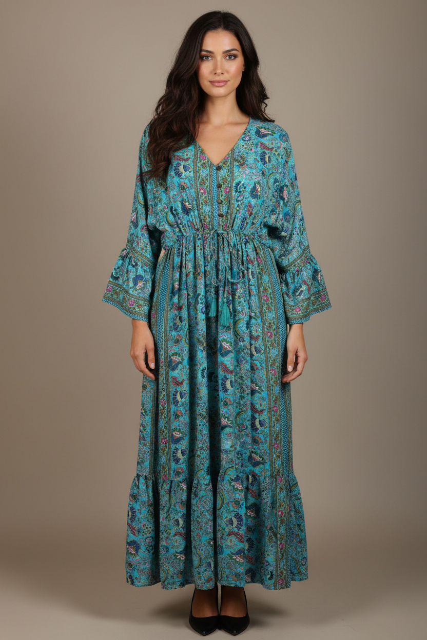 Boho Maxi Kleid Türkis Exotischer Print – Studio Hauptbild