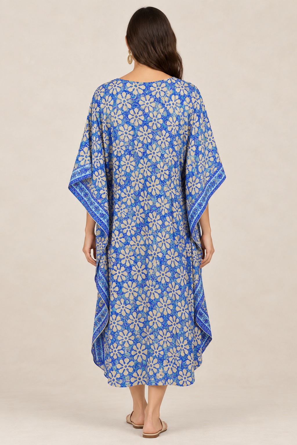 Boho Kaftan Blüten-Blau Creme – Rückansicht