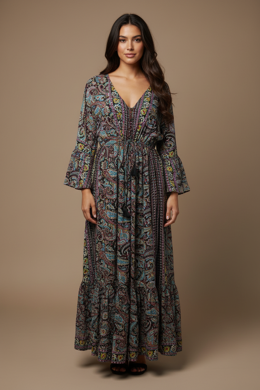 Boho Maxi Kleid Schwarz Paisley – Studio Hauptbild
