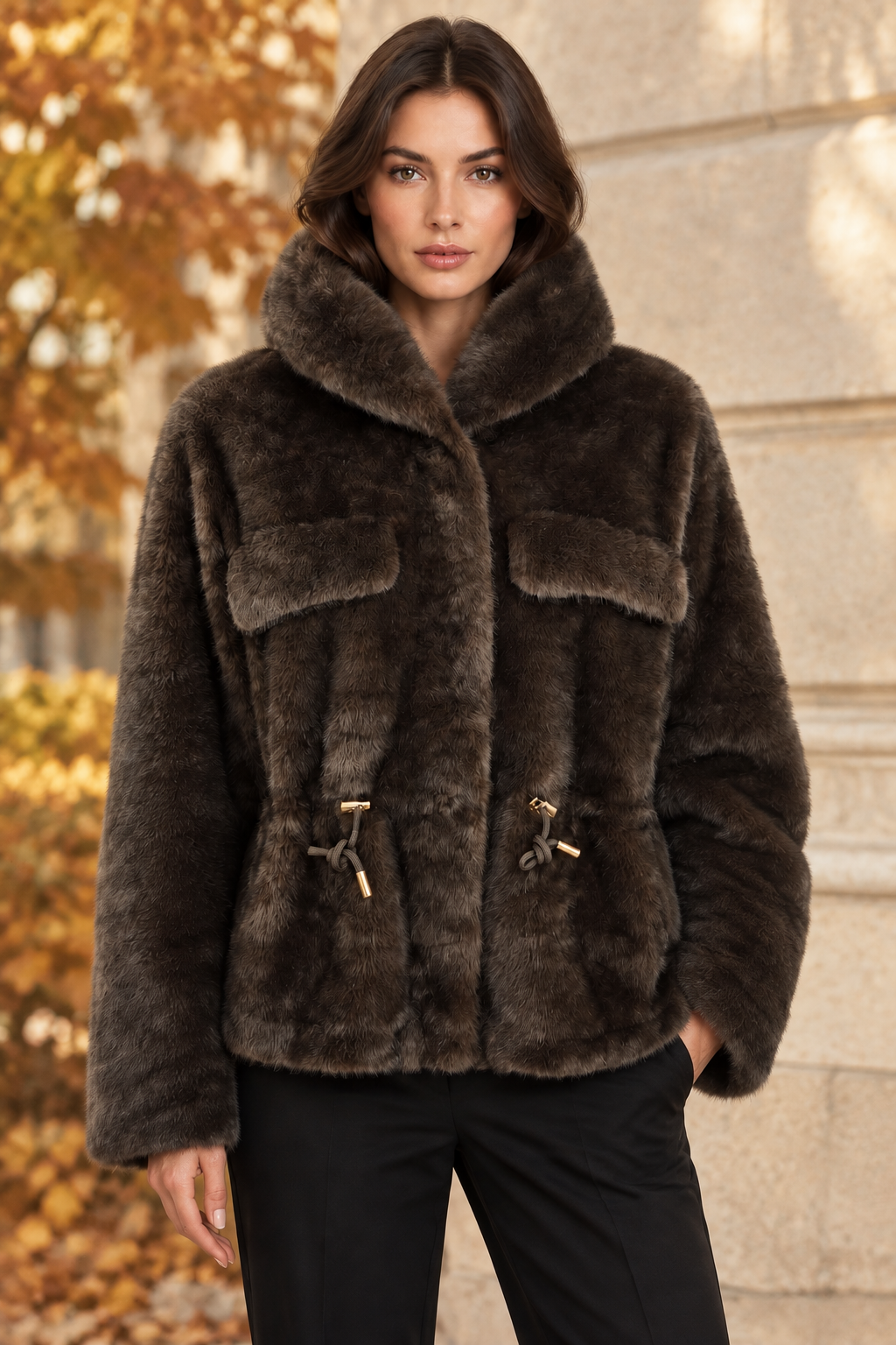 Dunkelbraune Felljacke am Model in herbstlicher Outdoor-Kulisse