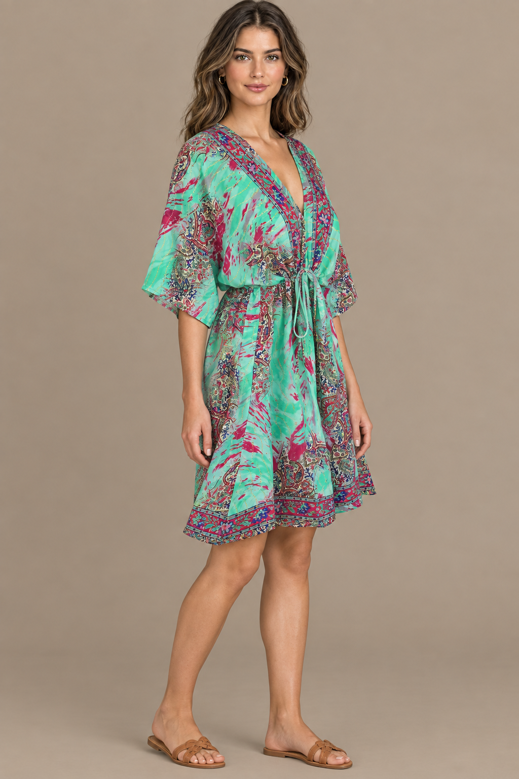 Boho Tunika Mintgrün und Pink – Seitenansicht