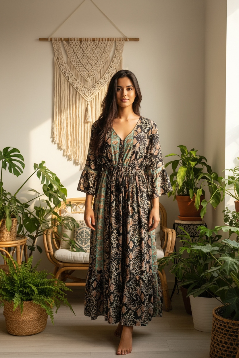 Boho Maxi Kleid Schwarz Mint Blockprint – Boho Stehend