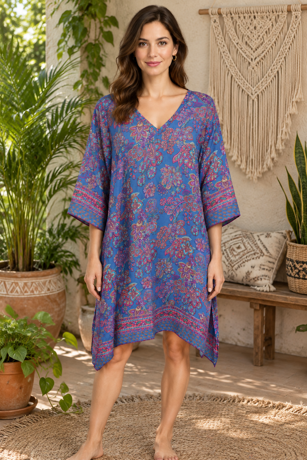 Boho Tunika Taubenblau und Pink im Boho-Ambiente