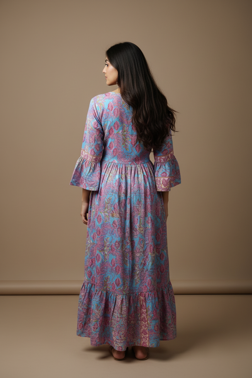 Boho Maxi Kleid Himmelblau Pink Rosen – Rückseite