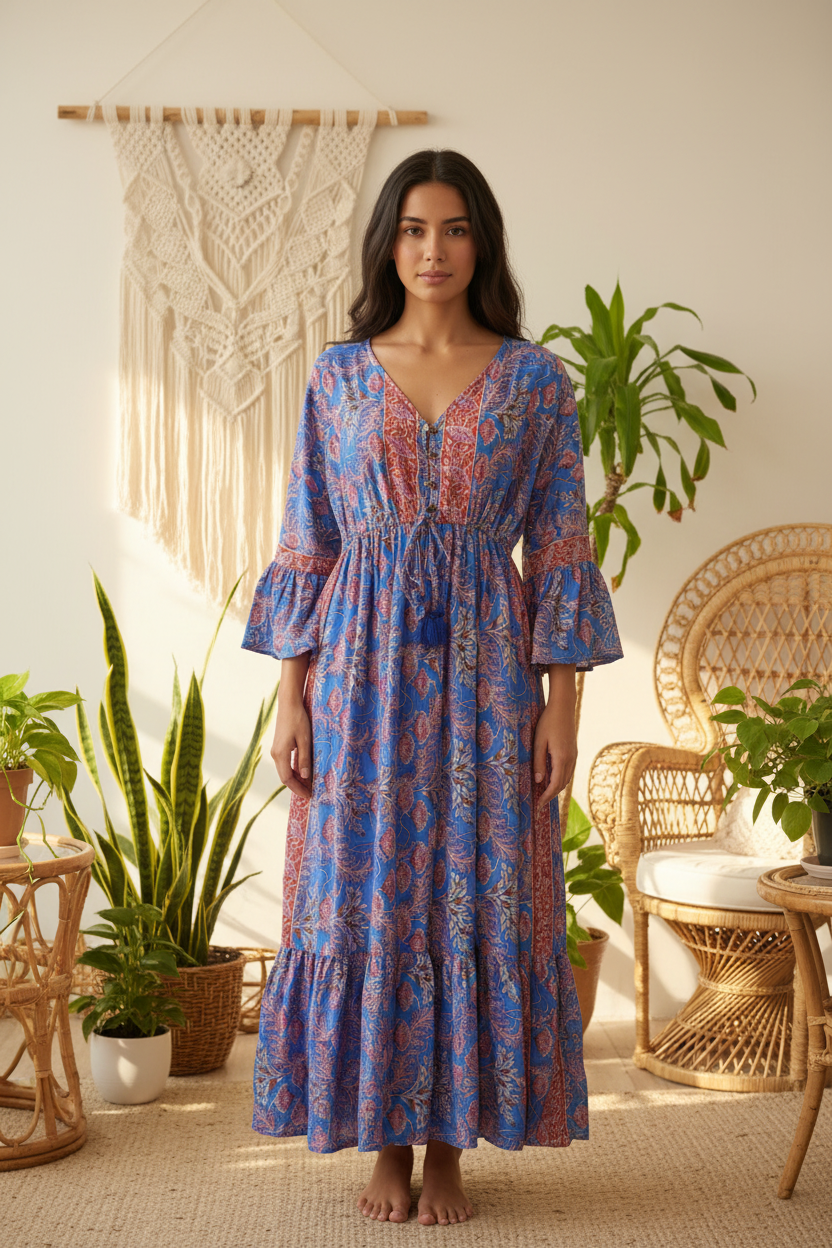 Boho Maxi Kleid Blau Pink Blockprint – Boho Stehend
