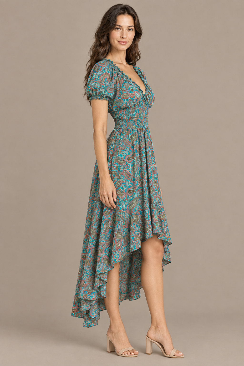 Boho Kleid in Türkis und Taupe – Seitenansicht