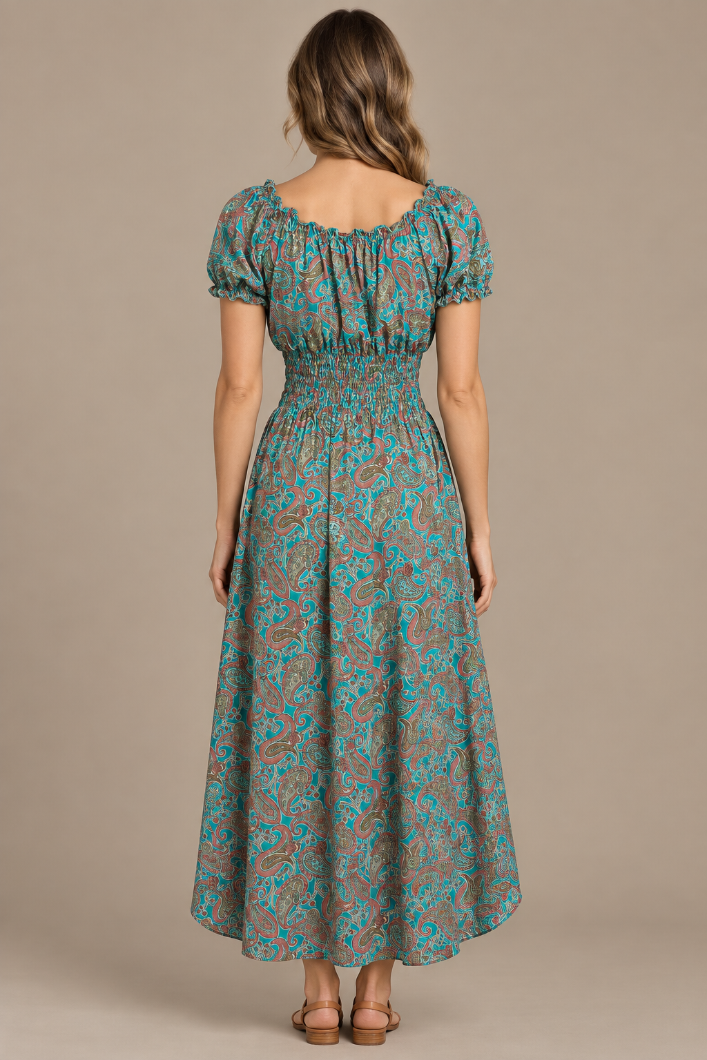 Boho Kleid in Türkis und Taupe – Rückansicht