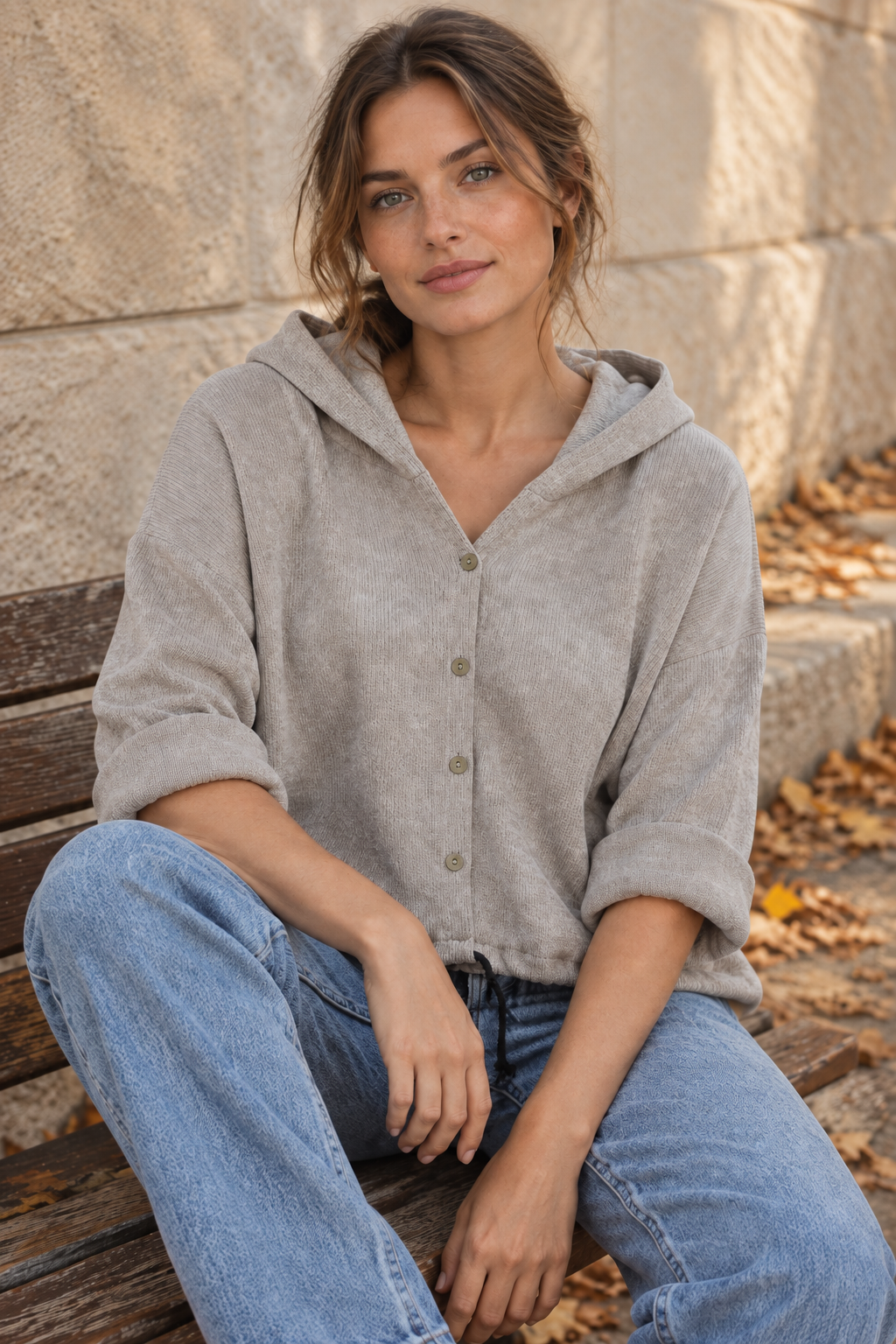 Greige Cord-Hoodie am sitzenden Model im Herbst mit vier Knöpfen