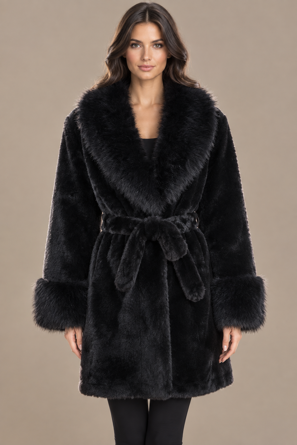 Schwarzer Fellmantel mit breitem Kragen und Bindegürtel frontal am Model