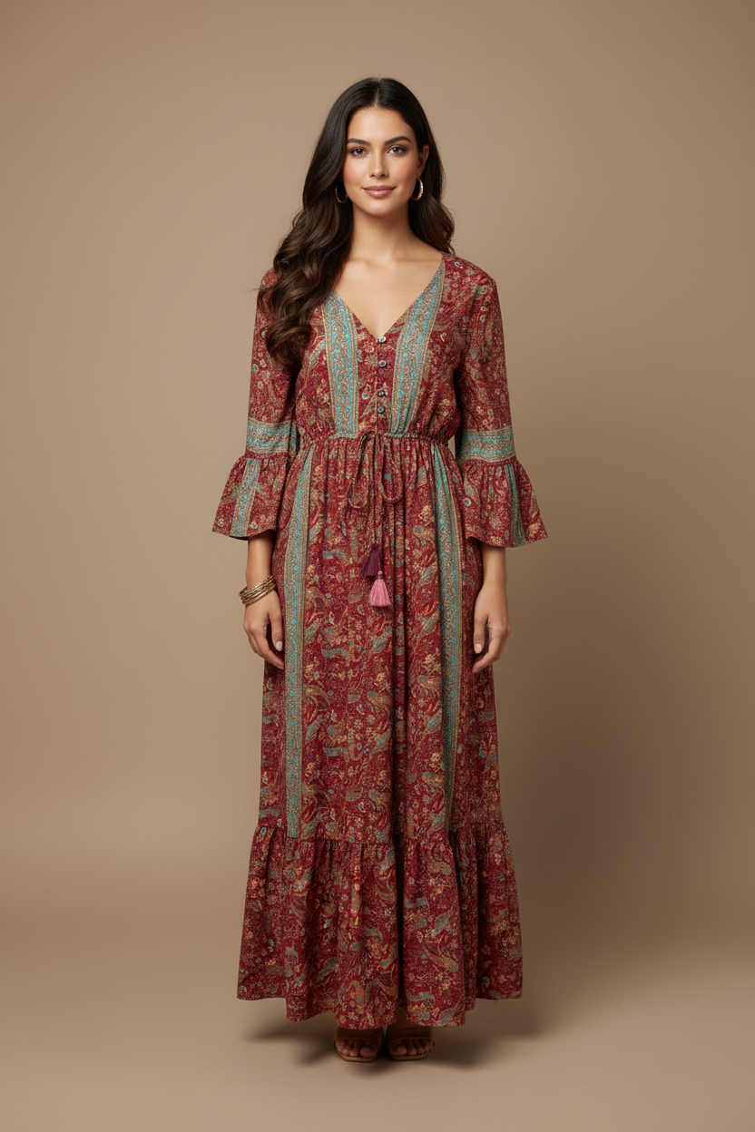 Boho Maxi Kleid Bordeaux Paisley – Studio Hauptbild