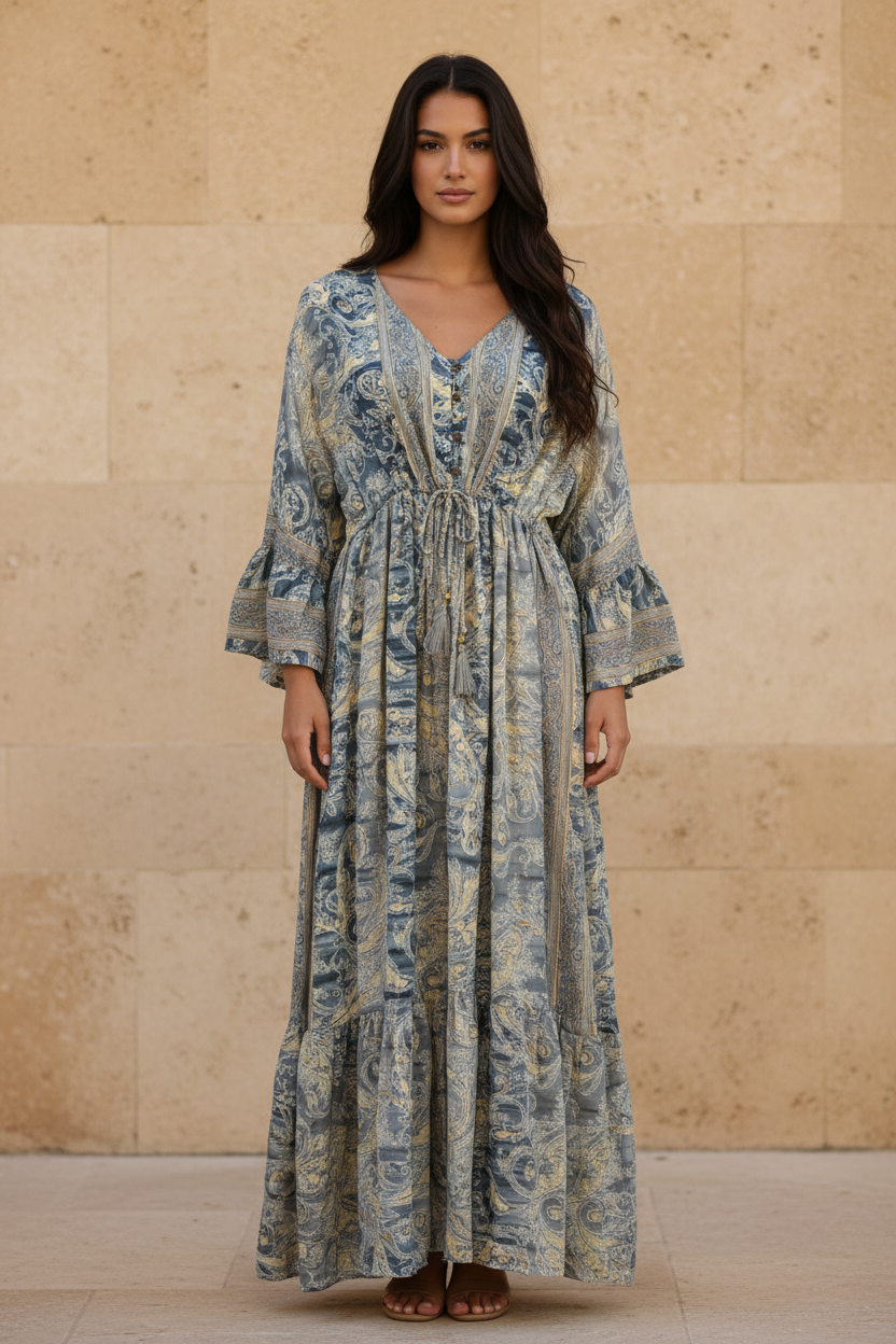 Boho Maxi Kleid Stahlblau Beige Baroque Paisley – Steinwand