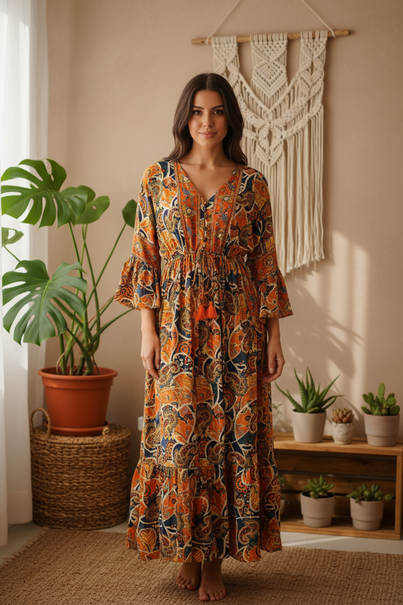 Boho Maxi Kleid Orange Marine Paisley – Boho Stehend
