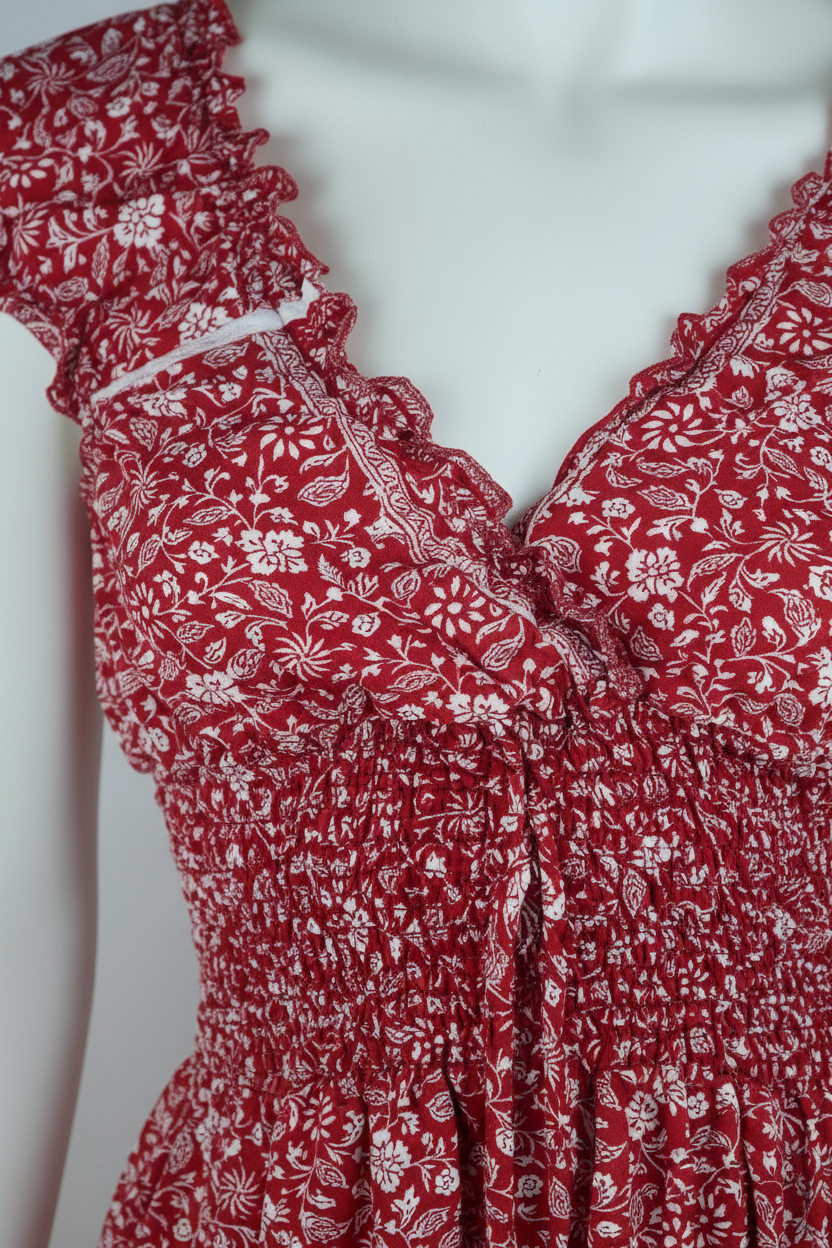 Sommerkleid Boho Rot Blumenprint Detail