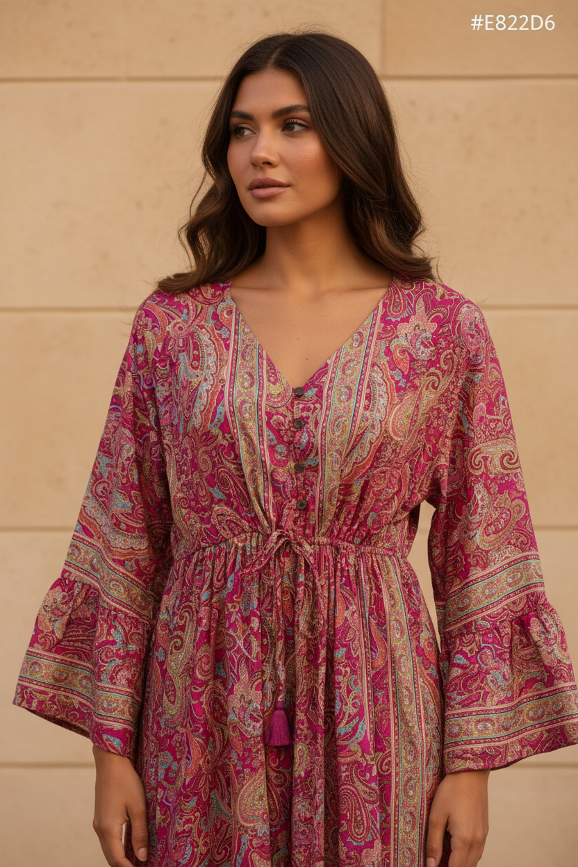 Boho Maxi Kleid Pink Paisley – Detailbild Ausschnitt