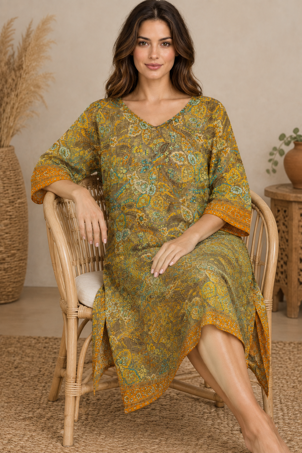 Boho Tunika Senfgelb und Mint – Sitzbild
