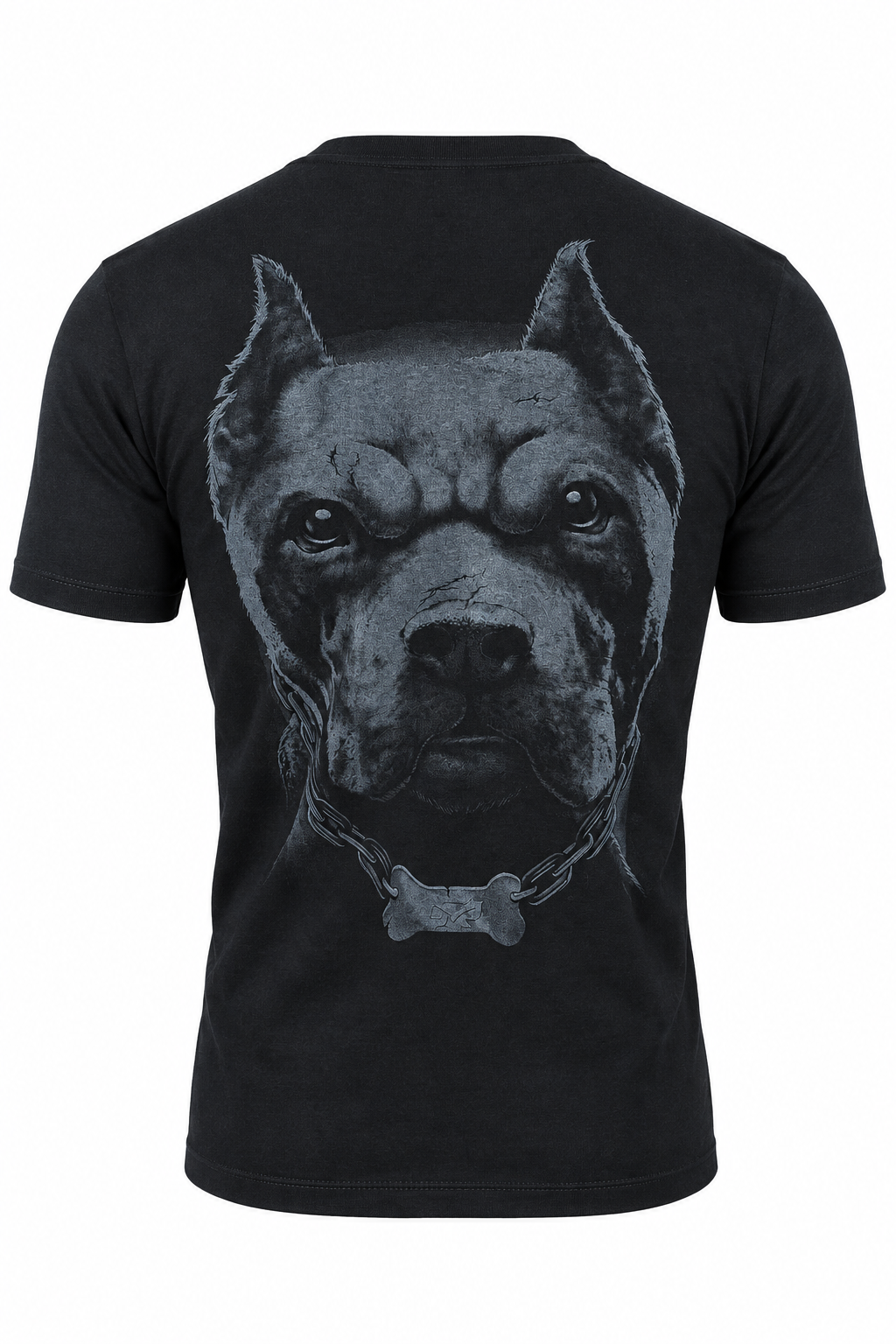 Dunkle Rückseite des Red Guardian Pitbull T-Shirts mit monochromem Hundemotiv