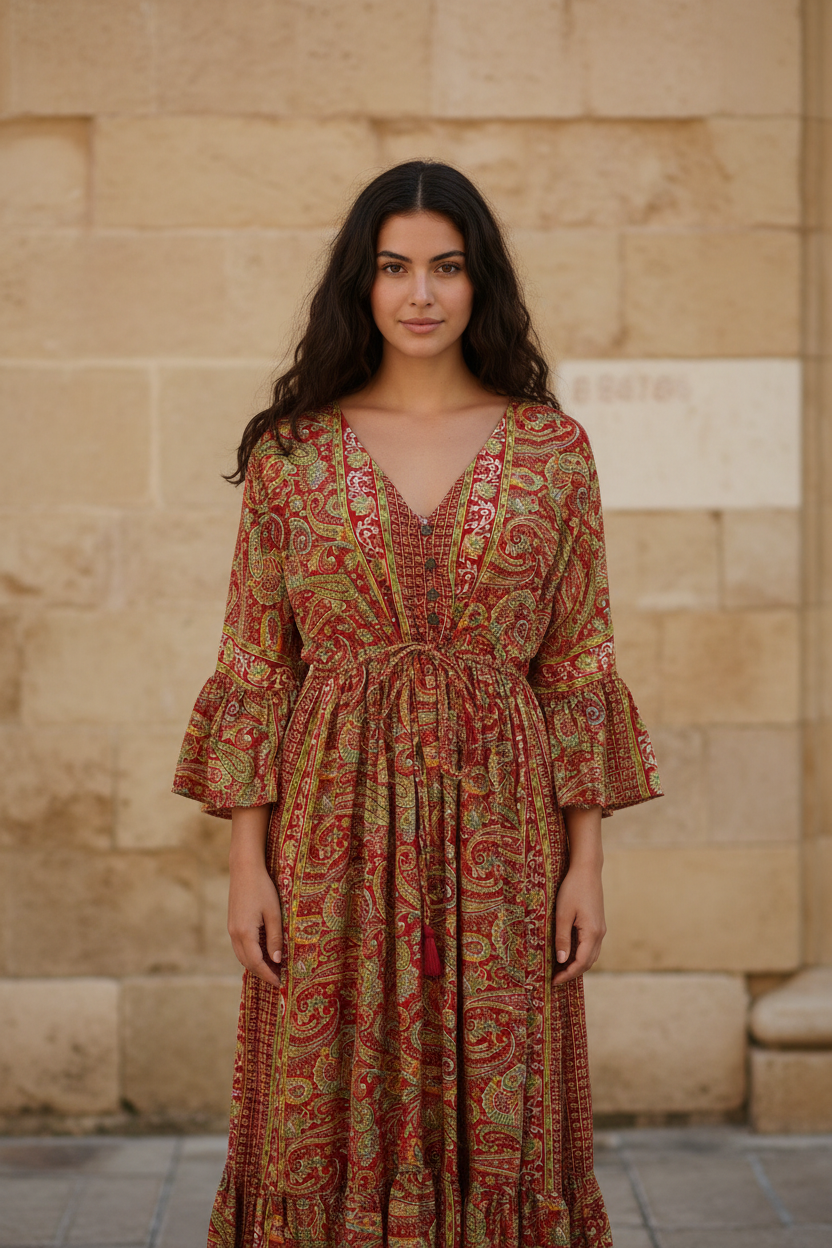 Boho Maxi Kleid Rot Gold Paisley – Steinwand