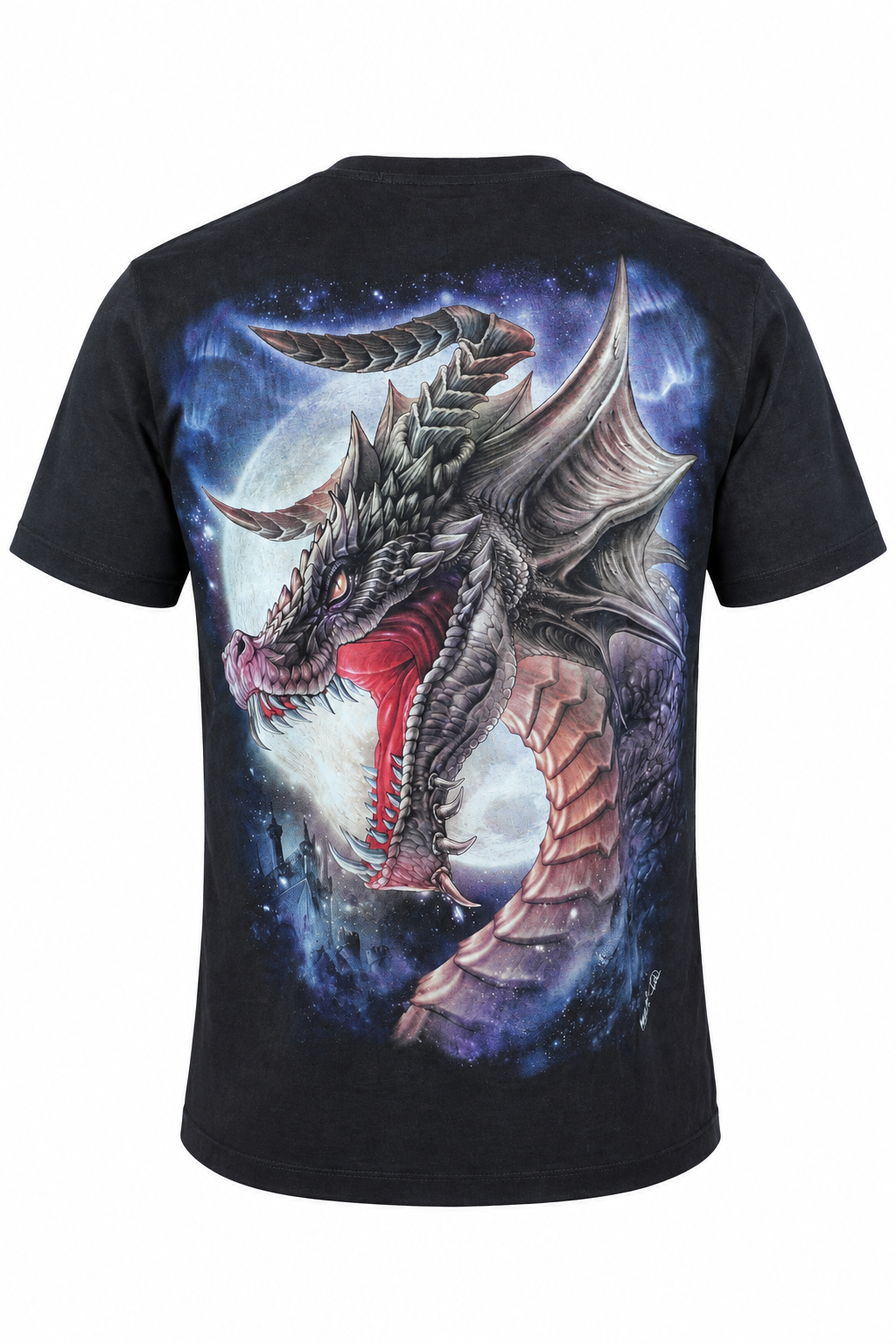 Rückseite des Moon Dragon Fantasy T-Shirts mit großem Drachenkopf
