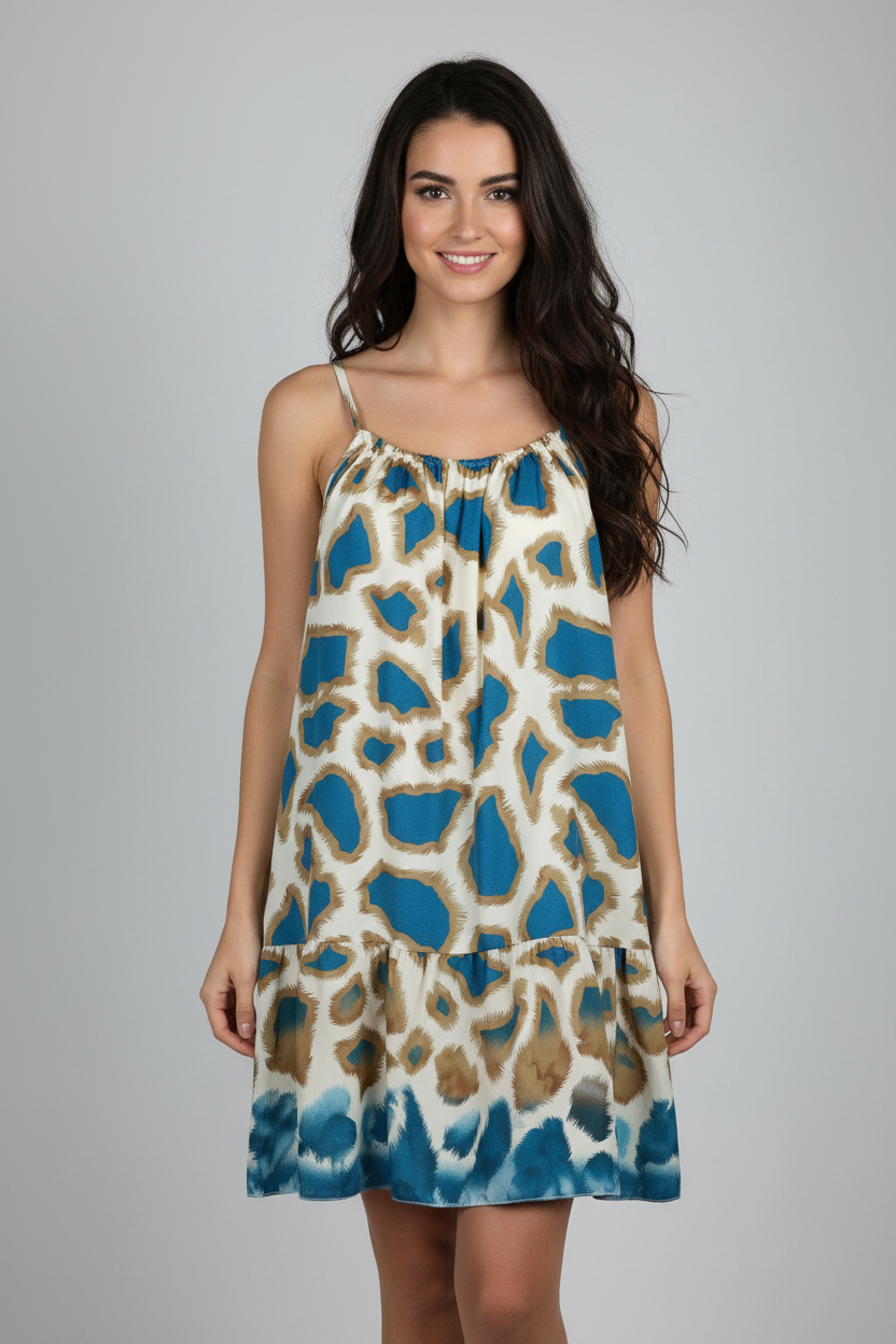 Sommerkleid Animal Print Creme Türkis vorne