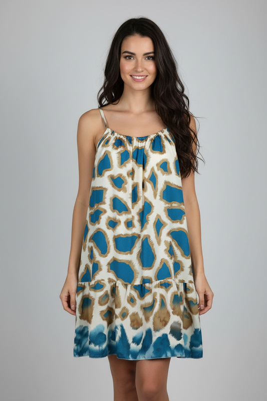 Sommerkleid Animal Print Creme Türkis vorne
