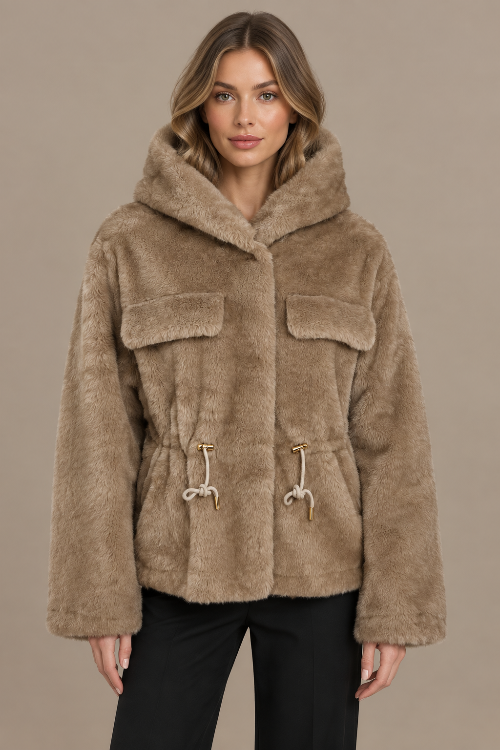 Teddybeige Felljacke mit hohem Kragen und dekorativen Brustklappen frontal am Model