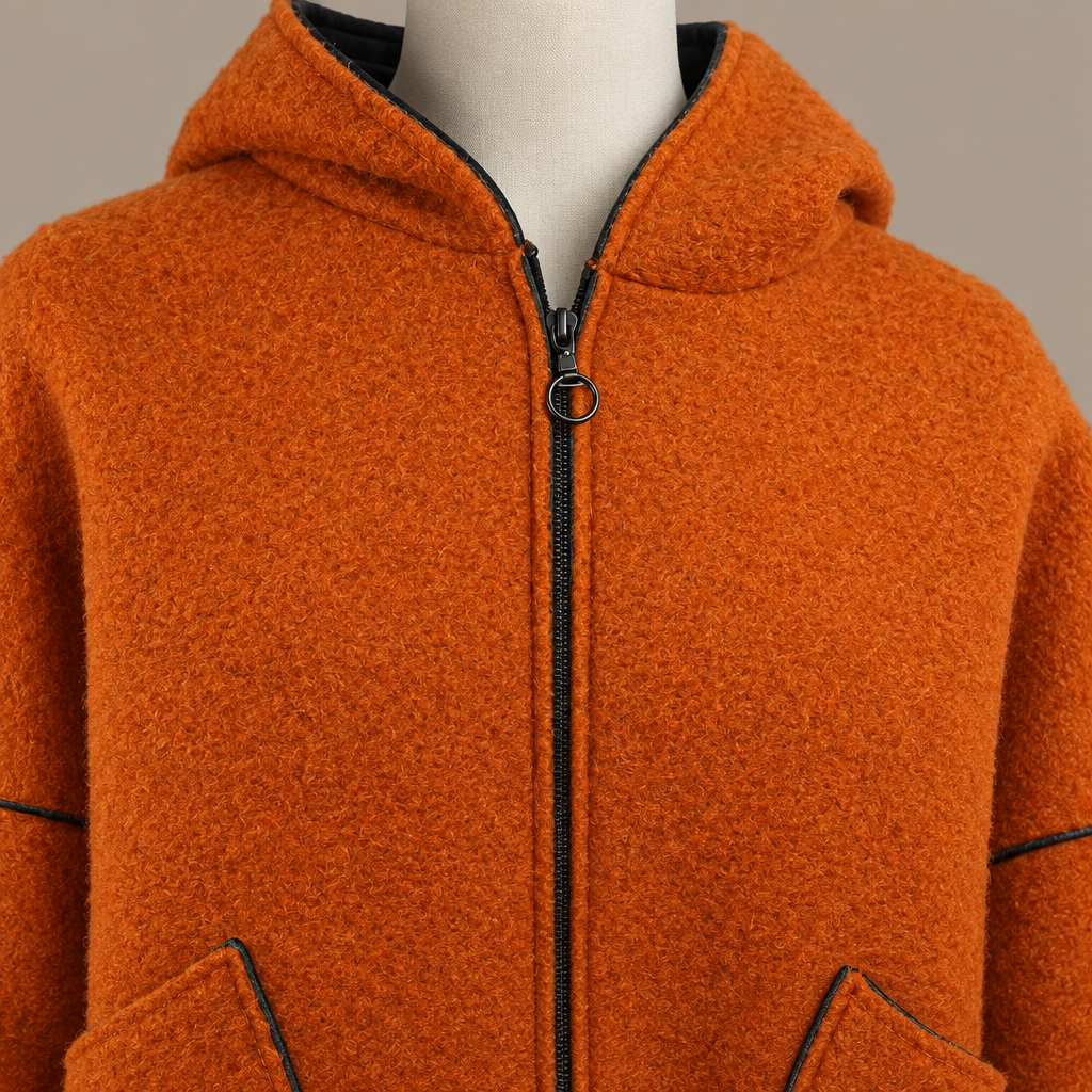 Kapuzenjacke Wollfilz Orange – Zipper Detail