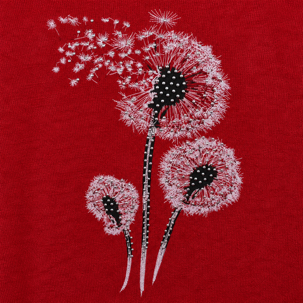 Detail des Pusteblumenmotivs auf rotem Oberteil, KI-Entwurf
