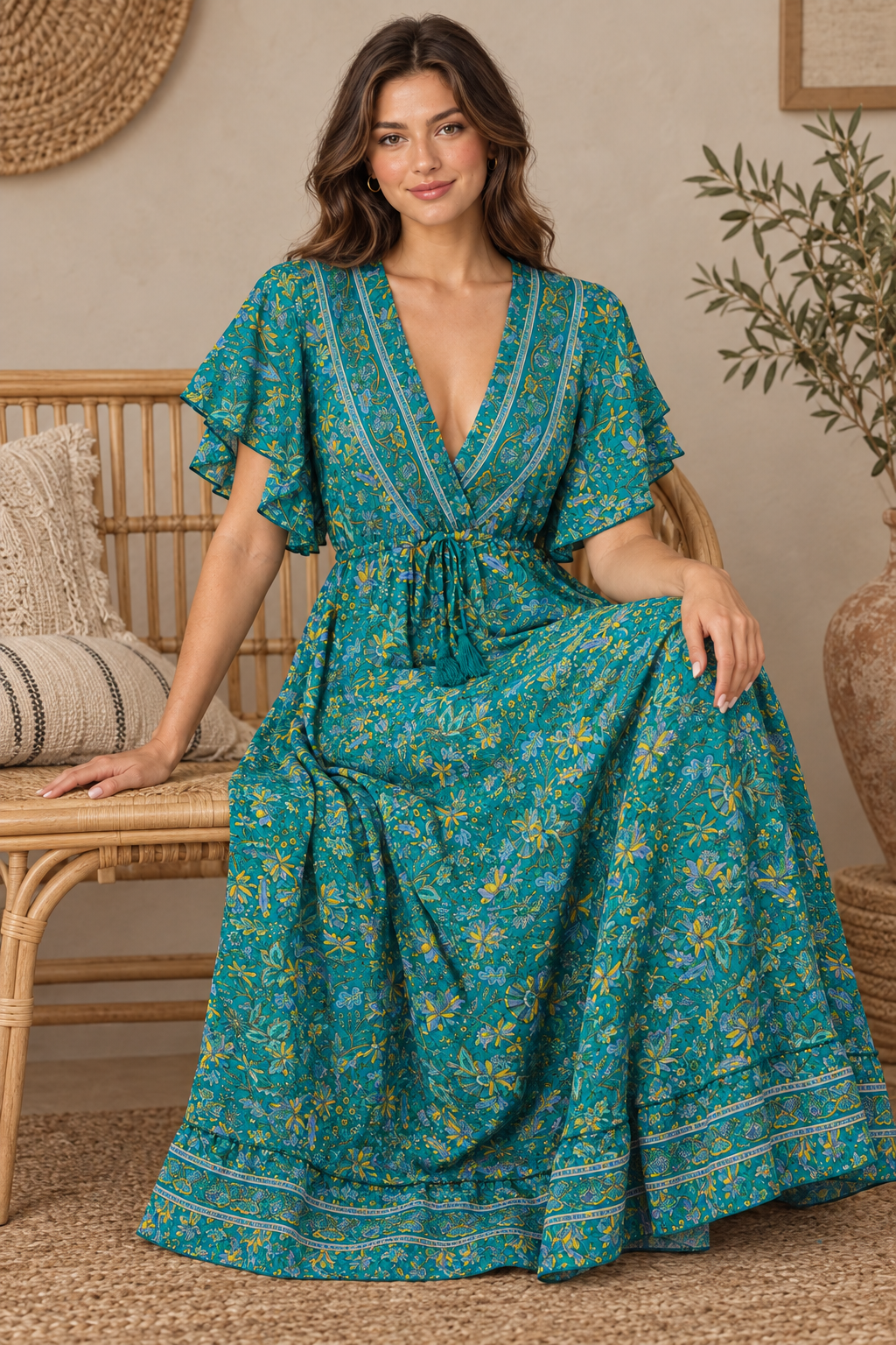Boho Maxikleid Türkis Petrol – Sitzbild