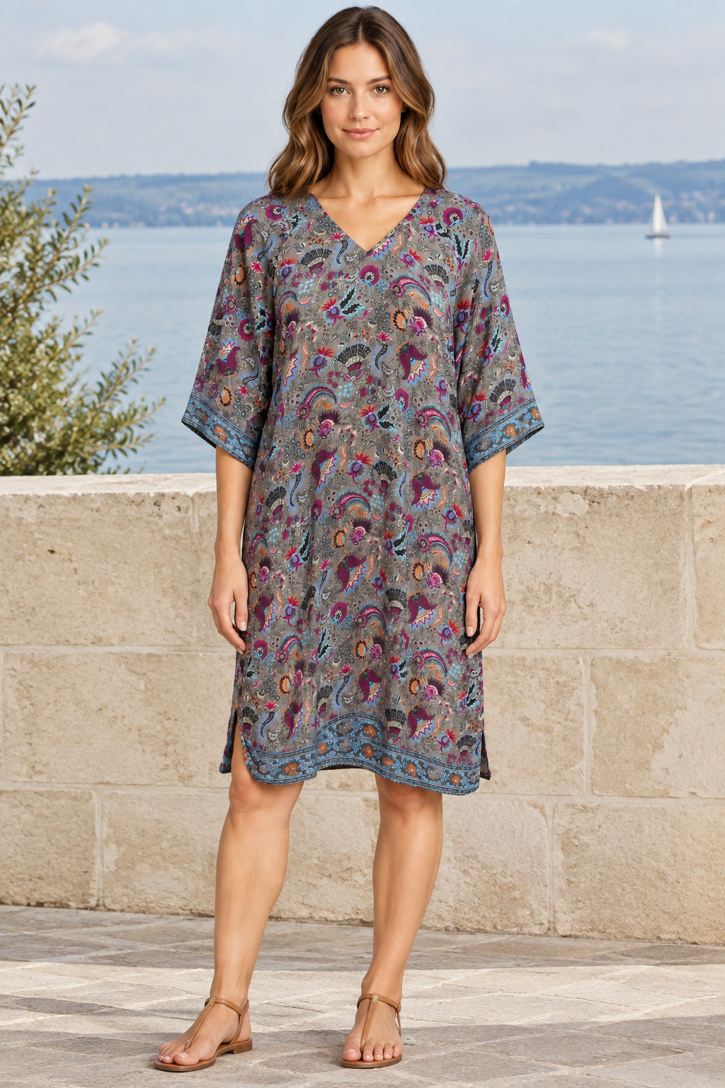 Boho Tunika Taupe mit Paisley-Muster vor Steinwand