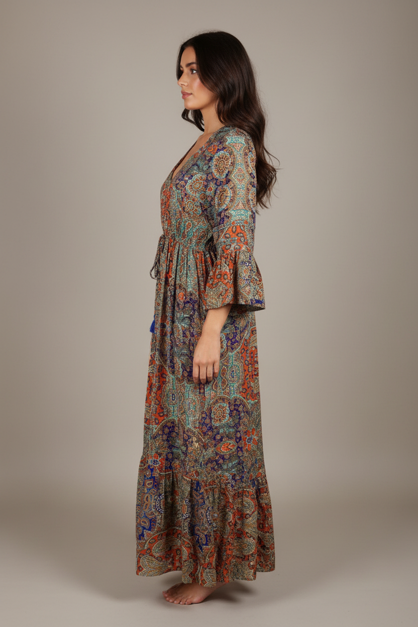 Boho Maxi Kleid Multicolor Patchwork Paisley – Studio Seitenansicht