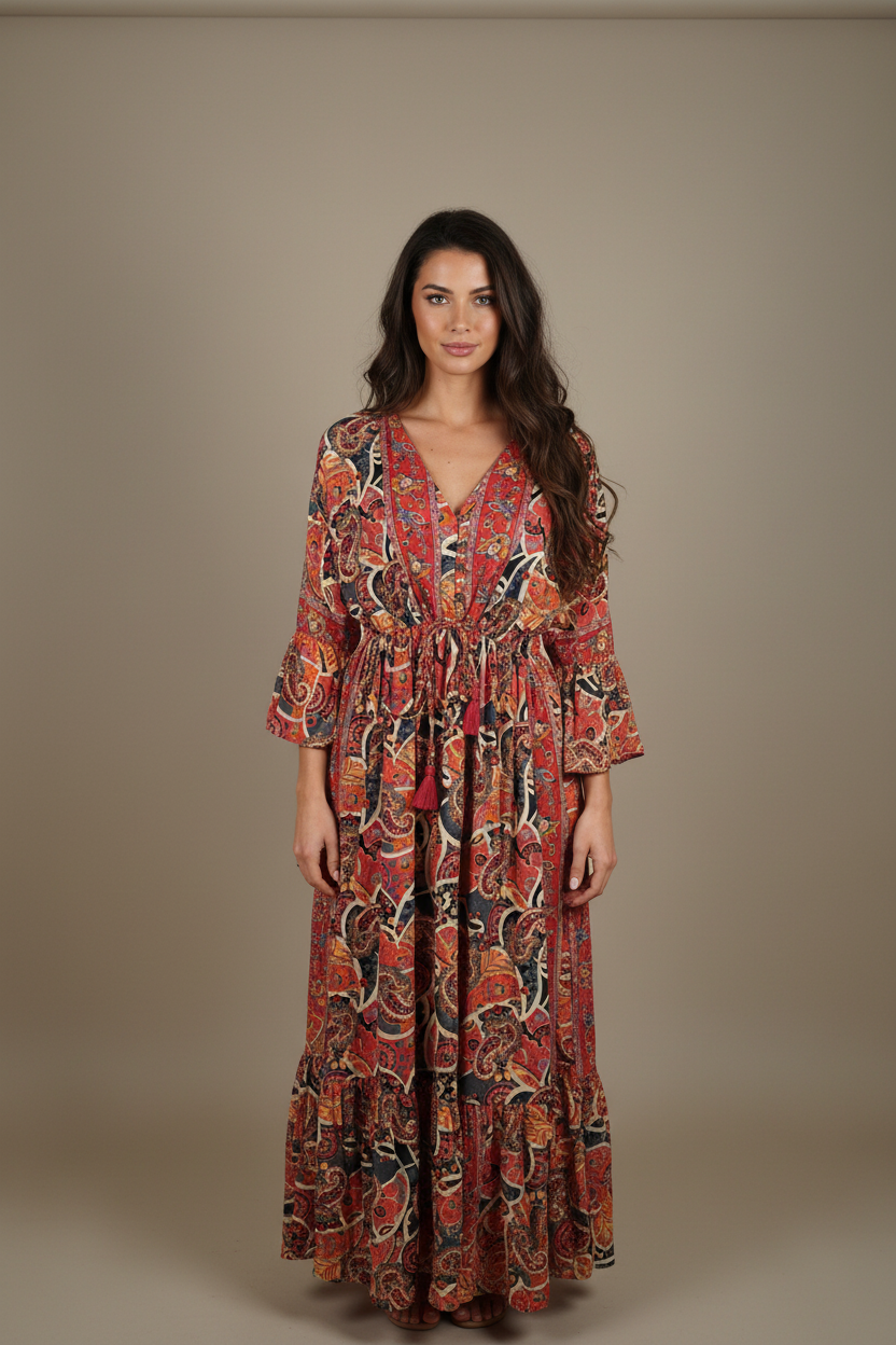 Boho Maxi Kleid Rot Anthrazit Paisley – Studio Hauptbild