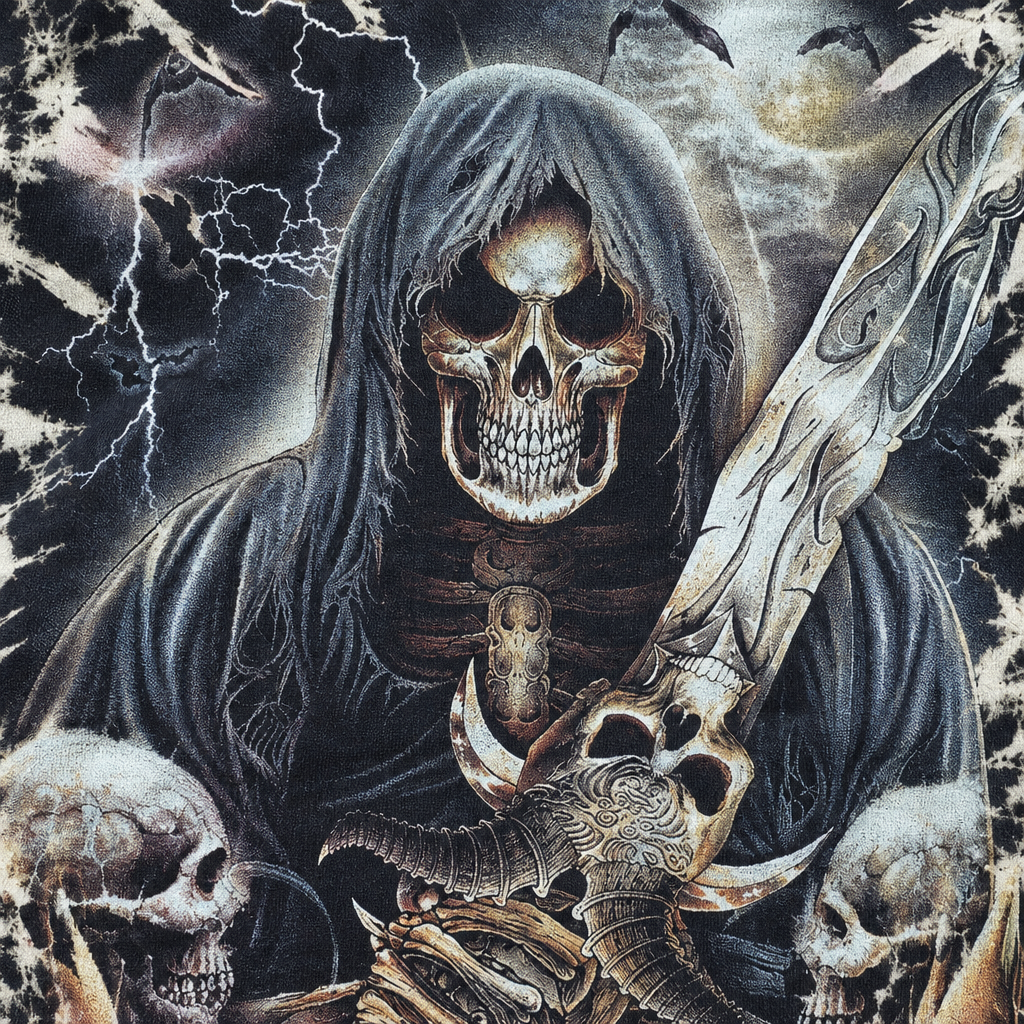 Detailaufnahme von Skull Warrior, Schwert, Blitzen und Baumwollstoff