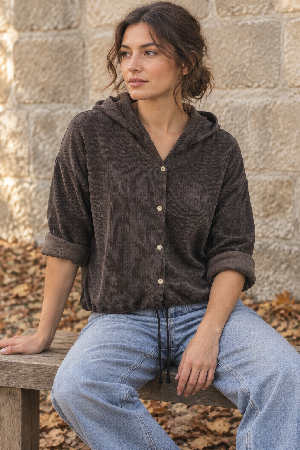 Dunkelbrauner Cord-Hoodie sitzend im Herbst