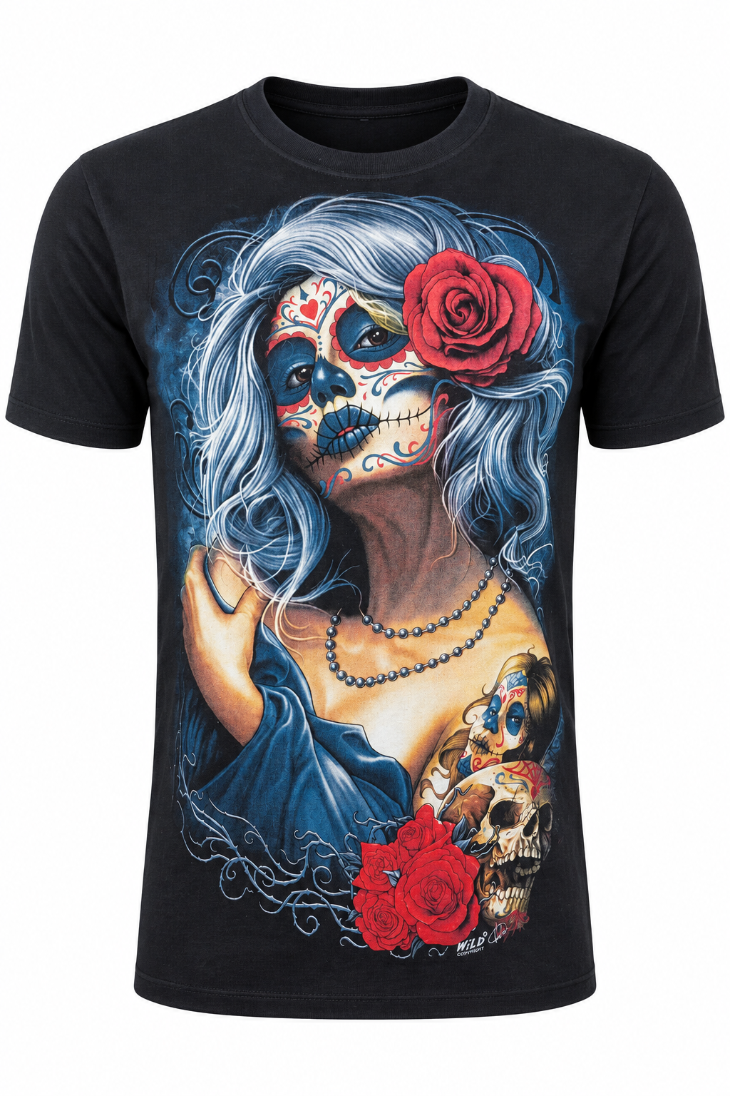 Schwarzes Sugar Skull Rose T-Shirt mit Frauenporträt und roten Rosen