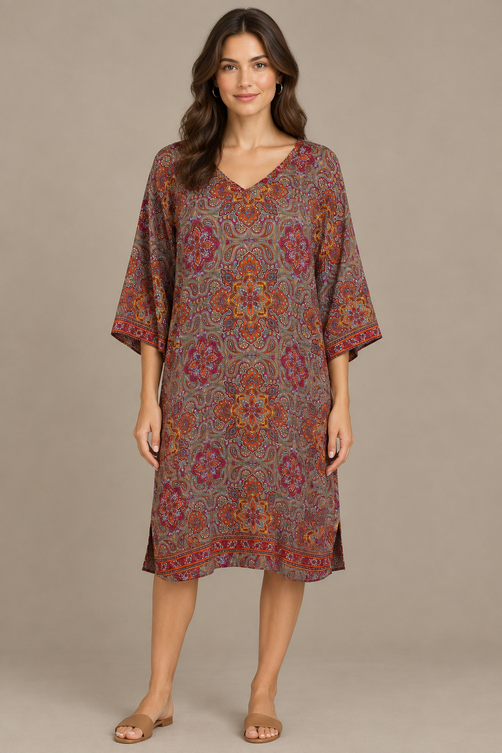 Boho Tunika Taupe, Bordeaux und Orange – Studio Vorderansicht
